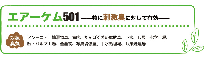 エアーケム501は特に刺激臭に対して有効。対象臭気はアンモニア、排泄物臭、室内、たんぱく系の腐敗臭、下水、し尿、化学工場、紙・パルプ工場、畜産物、写真現像室、下水処理場、し尿処理場
